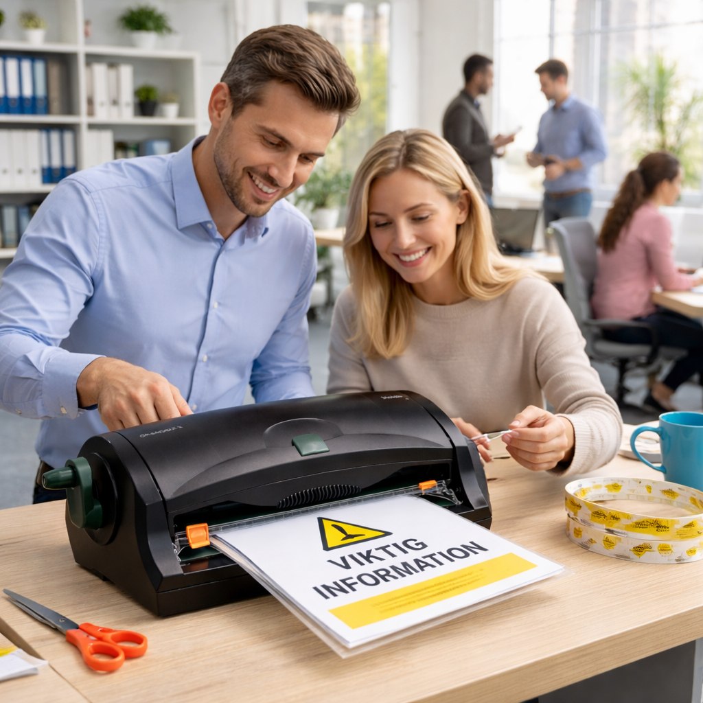 Två personer i kontor laminerar en skylt med Xyron kallamineringsmaskin medan kollegor arbetar i bakgrunden.