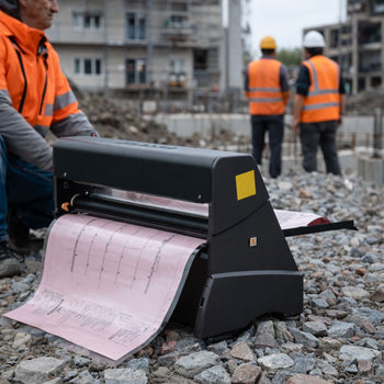 Byggarbetare använder kallamineringsmaskin för att skydda ritningar på en byggarbetsplats.